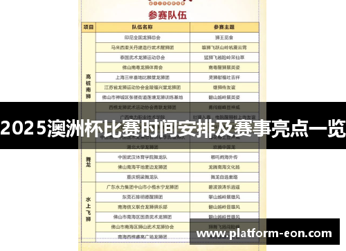 2025澳洲杯比赛时间安排及赛事亮点一览 2025澳洲杯比赛时间安排及赛事亮点一览